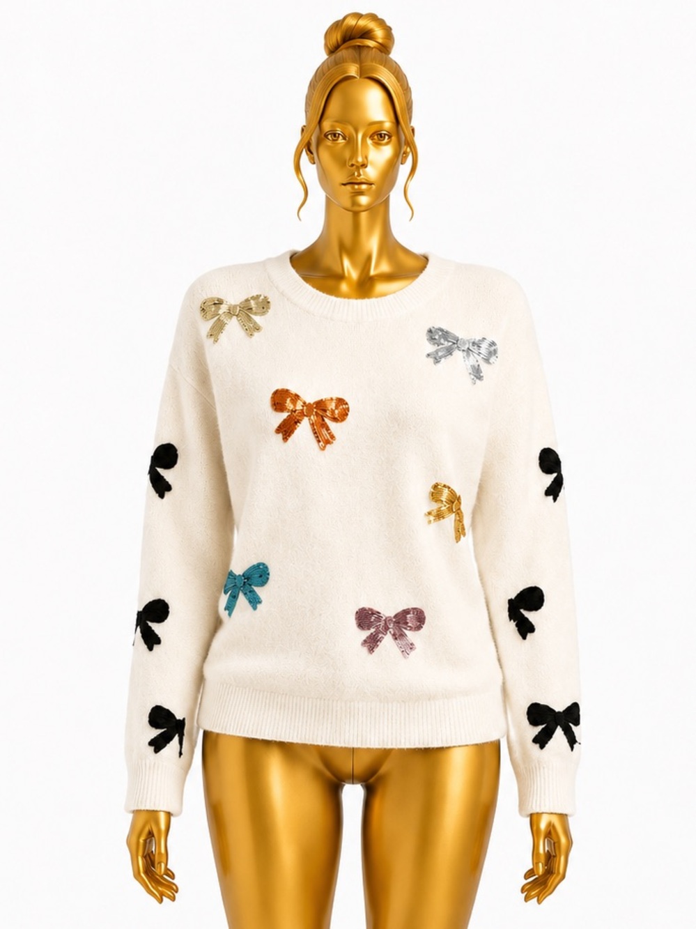Cream Bow-Appliqué Crewneck Sweater